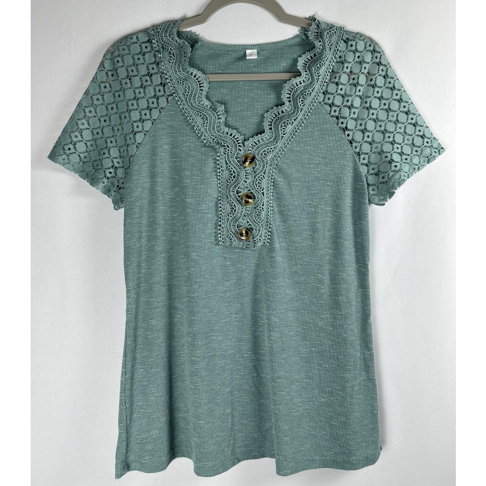 Sage Green Lace Trim‎ V-Neck Henley Top Small Boho Cottagecore Soft Girl